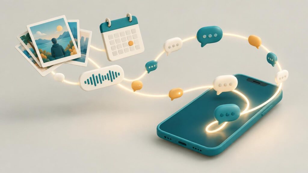 Smartphone με φυσαλίδες συζήτησης που επιστρέφουν σε αυτό, δίπλα σε φωτογραφίες και ημερολόγιο
