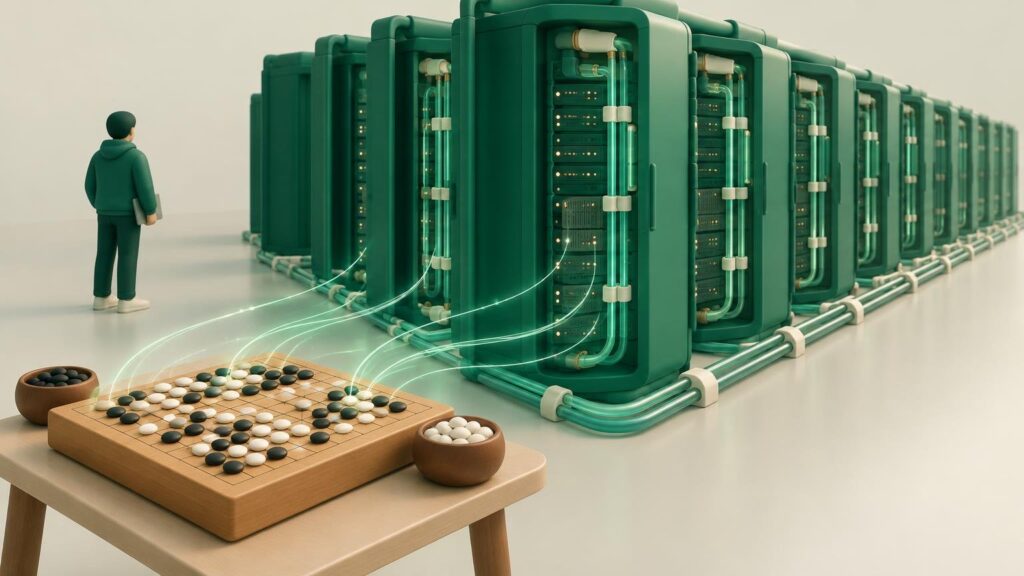 Ταμπλό του Go μπροστά σε σειρά από servers με υγρή ψύξη σε data center