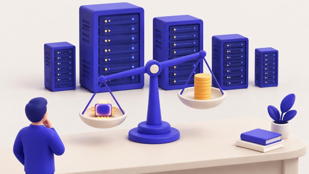 Ζυγαριά με ένα μικρό chip στη μία πλευρά και στοίβα νομισμάτων στην άλλη, μπροστά σε server racks διαφορετικού μεγέθους