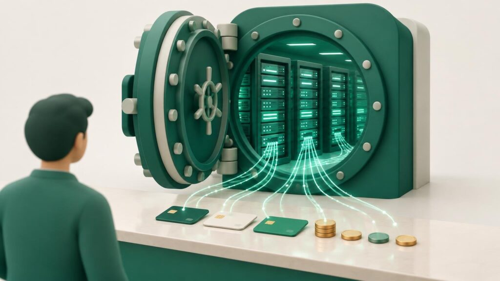 Ανοιχτό θησαυροφυλάκιο τράπεζας με servers στη θέση των χρυσών ράβδων