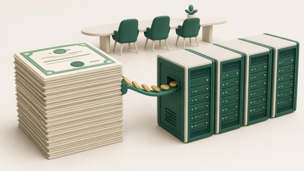 Στοίβα μετοχών δίπλα σε server racks, με νομίσματα να ρέουν προς αυτά και τρεις άδειες καρέκλες στο βάθος