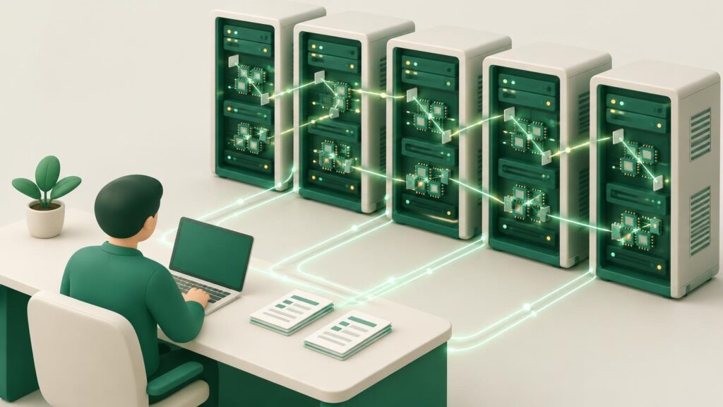 Server racks σε data center με δέσμες φωτός και μικροσκοπικούς καθρέφτες που συνδέουν συστοιχίες chips, και ένα γραφείο εργασίας μπροστά