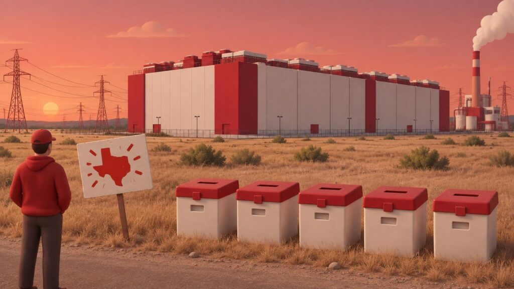 Τεράστιο data center σε ξερή αγροτική γη του Τέξας, με κάλπες και πινακίδες διαμαρτυρίας μπροστά