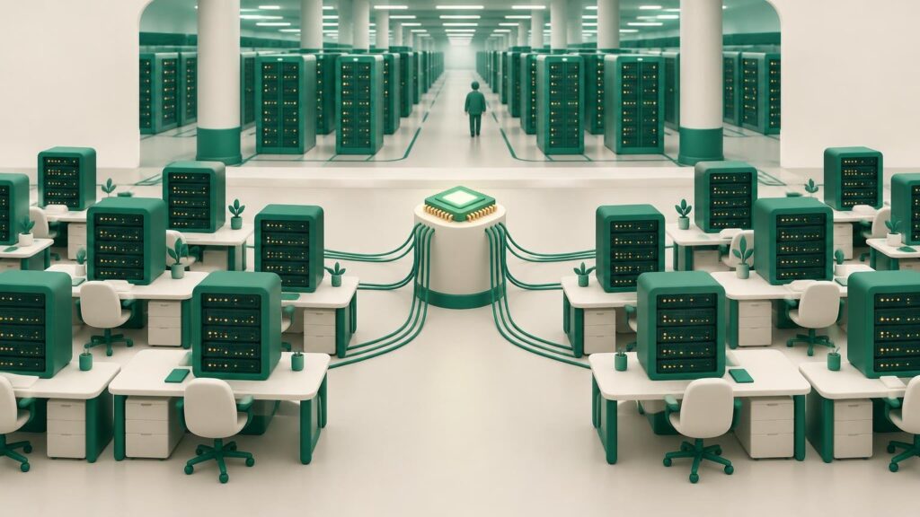 Σειρές από server racks σε αίθουσα συναλλαγών και ένα chip πάνω σε βάθρο